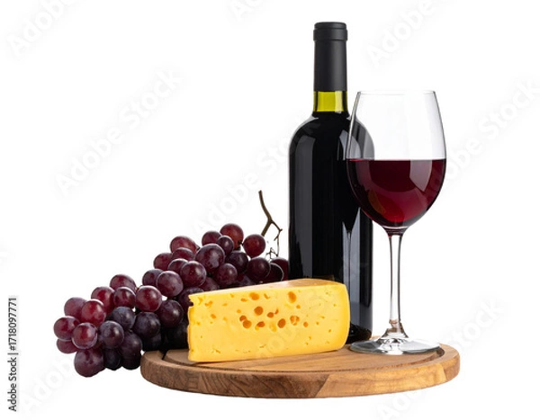 Fototapeta Red wine, cheese and grapes on wooden board with transparent background