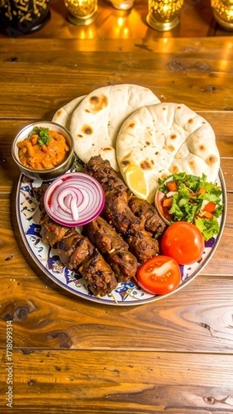 Obraz Grilled skewers with flatbread and dip