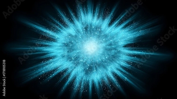 Fototapeta A vibrant glowing circular pattern resembling an explosion or vortex radiates dynamic blue rays and jets against a deep 