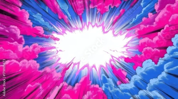 Fototapeta A dynamic manga style explosion with a central white burst surrounded by vibrant pink and blue clouds, bold lines,