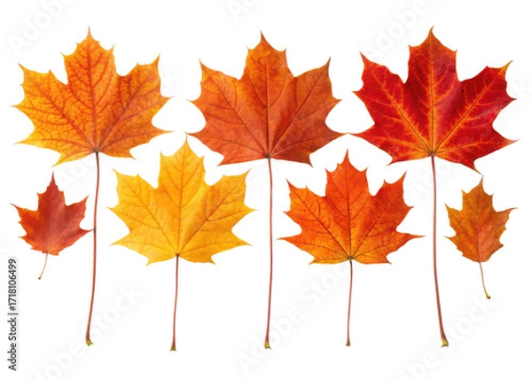 Fototapeta Collection of six vibrant autumnal maple leaves in brilliant orange yellow and red hues isolated on transparent background