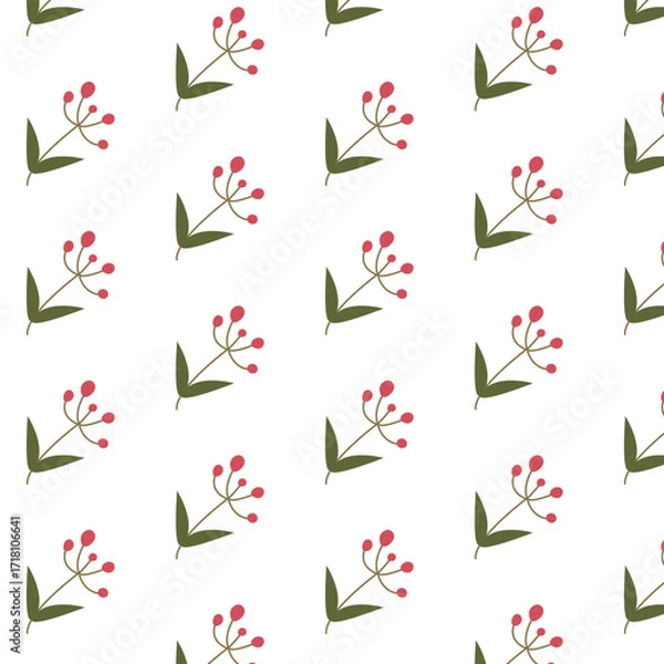 Fototapeta Seamless floral pattern with simple green leaves and red berries on white background for fabric wallpaper and seasonal design