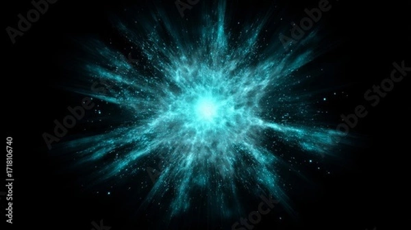 Fototapeta A dramatic explosive event with bright blue particles radiating outward from a central point against a dark background,