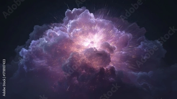 Fototapeta Dynamic bursts of radiant light contrast vividly against dark tones within a central cloud formation,