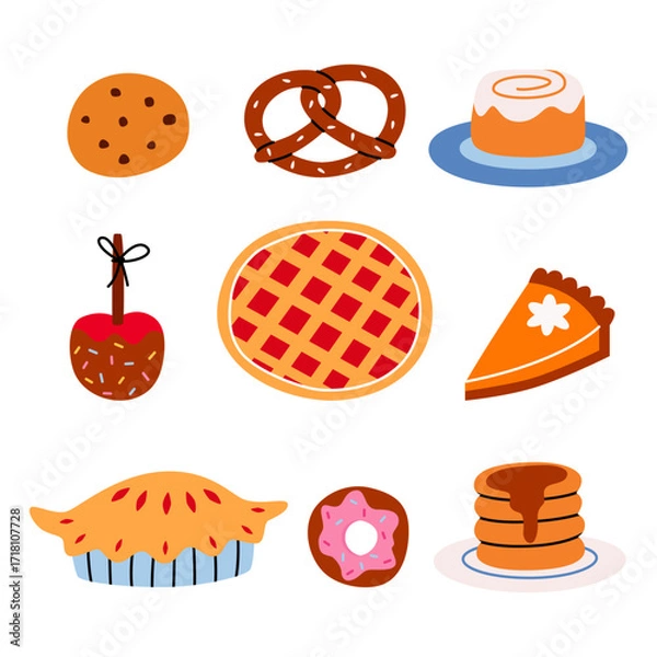 Fototapeta Autumn baking set. A collection of fall foods. Pumpkin pie, cherry pie, caramel apple, donut, pancakes and cinnabon, pretzel and cookies. Vector cartoon illustration.