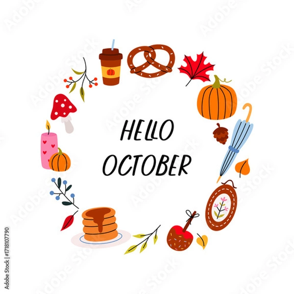Fototapeta Hello october collection, hand drawn set of pretzel, pancake, pie, pumpkin, doodle icons of fall symbols and food, cozy holidays. Vector cartoon illustration.