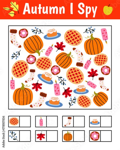 Fototapeta Autumn I spy game for kids. Searching and counting activity for preschool children with cute objects. Fall printable worksheet for kids.
