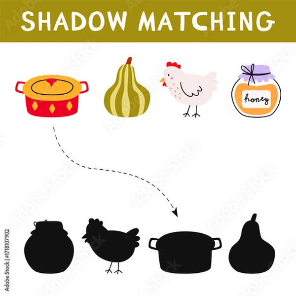 Fototapeta Autumn shadow matching activity for children. Fall puzzle with cozy elements. Educational game for kids. Find the correct silhouette printable worksheet. Vector cartoon illustration.