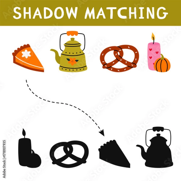 Fototapeta Autumn shadow matching activity for children. Fall puzzle with cozy elements. Educational game for kids. Find the correct silhouette printable worksheet. Vector cartoon illustration.