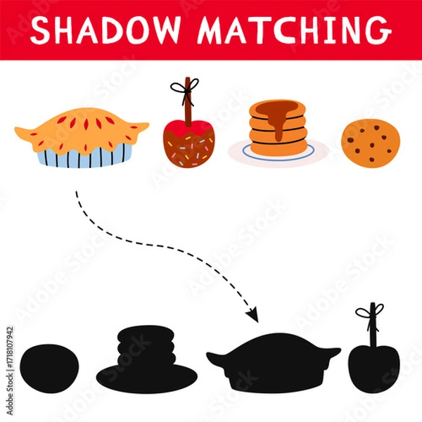 Fototapeta Food shadow matching activity for children. Fall puzzle with cozy elements. Autumn educational game for kids. Find the correct silhouette printable worksheet. Vector cartoon illustration.