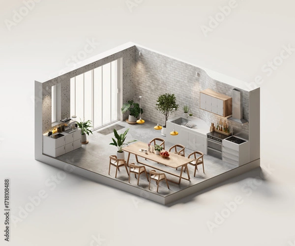 Obraz Isometric view modern kitchen room open inside interior architecture, 3d rendering.