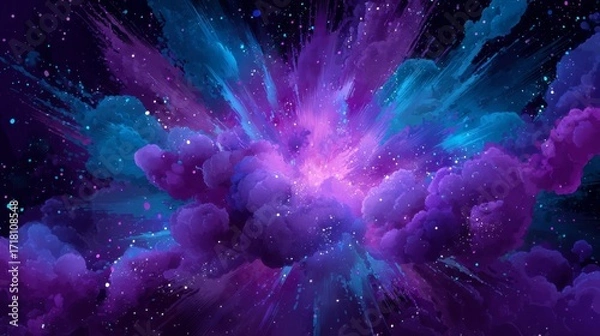 Fototapeta Abstract digital artwork with vibrant purple and blue explosion against a dark cosmic backdrop,