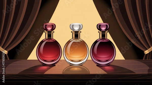 Fototapeta Three elegant perfume bottles displayed on a wooden surface glass liquid