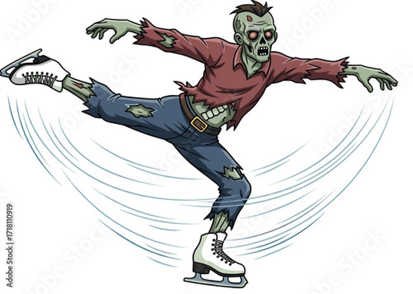 Fototapeta Cartoon zombie ice skating, funny undead character, Halloween horror illustration, spooky figure on ice, animated vector art
