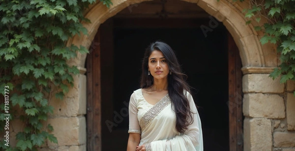 Fototapeta Ai generated image of a beautiful indian bride in a shimmering white saree stands gracefully in a sunlit garden