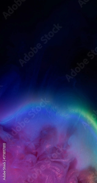 Fototapeta Shimmering flow. Sparkling ink. Purple violet shine liquid neon effect mix on black water background. Round defocused colorful lens abstract free space.