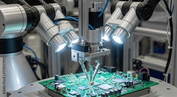 Fototapeta Automated PCB Assembly: Robotic Arm Precision Placement with Bright LED Illumination