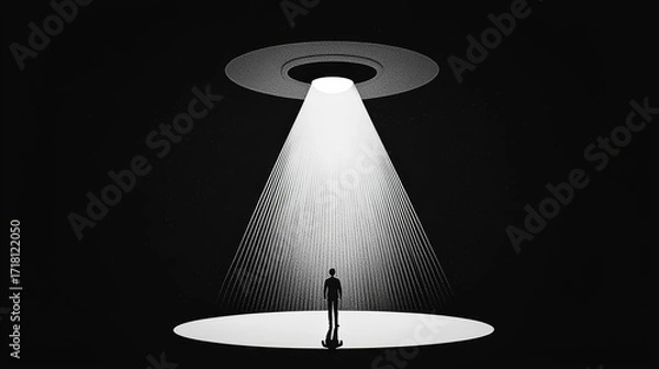 Fototapeta A surreal scene depicting an individual standing under a beam from an unidentified flying object in a dark setting.