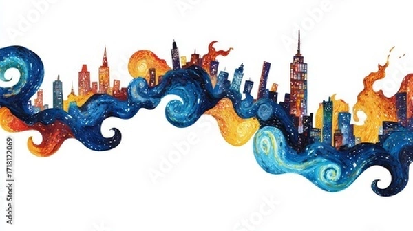 Fototapeta A vibrant watercolor skyline showcasing iconic buildings and swirling colors, representing a dynamic cityscape.