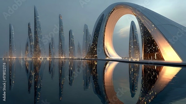 Fototapeta Futuristic organic shaped skyscrapers near water high resolution picture