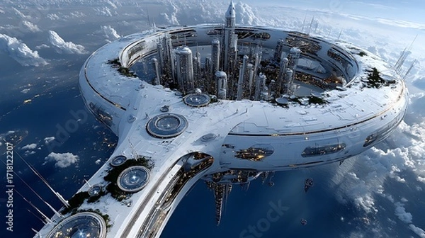 Fototapeta Futuristic mega city towers with platforms high resolution picture