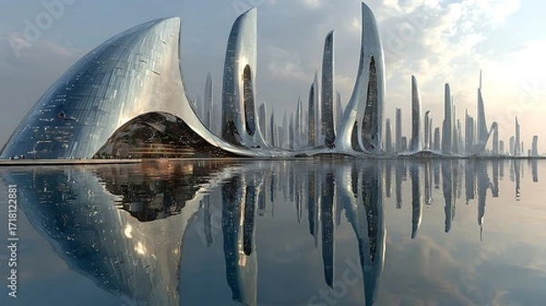 Fototapeta Innovative futuristic city design with tall buildings high resolution picture