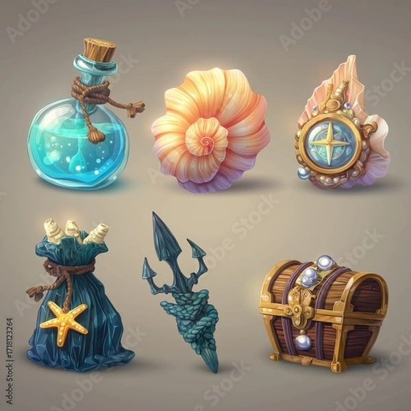 Fototapeta a set of individual stylised fantasy props, designed for a mobile game