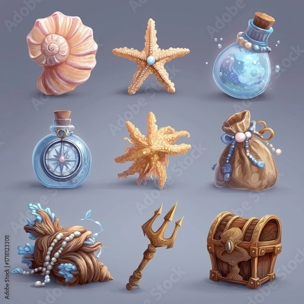 Fototapeta a set of individual stylised fantasy props, designed for a mobile game