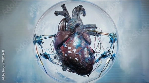 Fototapeta The human heart that is made of flesh and looks real but fused and hybrid with mecha and wires and cables that is connected with eurorack buchla moog modular