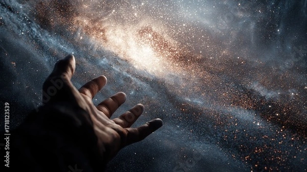 Fototapeta Hand aligning the stars into infinite object in space, photorealistic