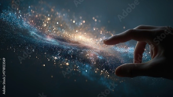 Fototapeta Hand aligning the stars into infinite object in space, photorealistic