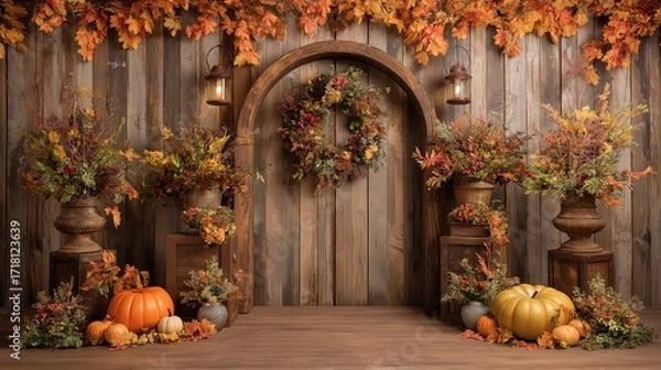 Fototapeta A cozy autumn-themed scene featuring a rustic wooden backdrop with vertical planks, adorned with a tall circular wooden arch in the center. 