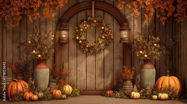 Fototapeta A cozy autumn-themed scene featuring a rustic wooden backdrop with vertical planks, adorned with a tall circular wooden arch in the center. 