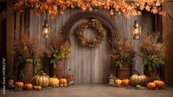 Fototapeta A cozy autumn-themed scene featuring a rustic wooden backdrop with vertical planks, adorned with a tall circular wooden arch in the center. 