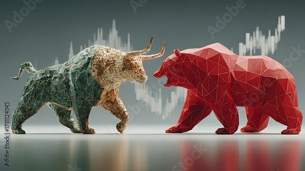 Fototapeta Red bear and golden bull sculpture high resolution picture