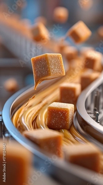 Fototapeta Caramel cubes flowing along a conveyor belt in a sweet production facility during the afternoon
