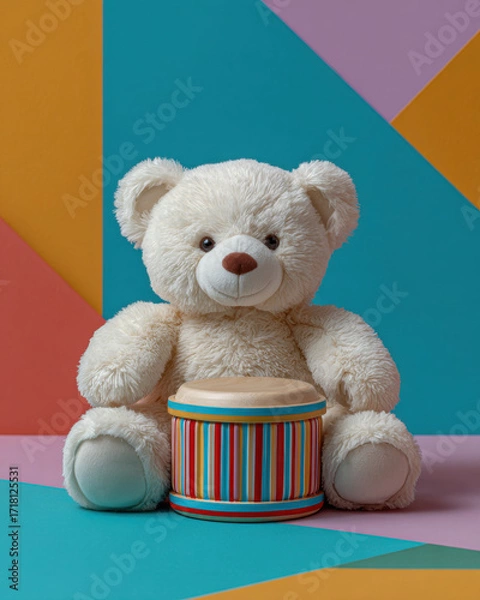 Fototapeta Soft teddy bear holding striped drum, perfect for celebrating Kwanzaa for children with joy and creativity