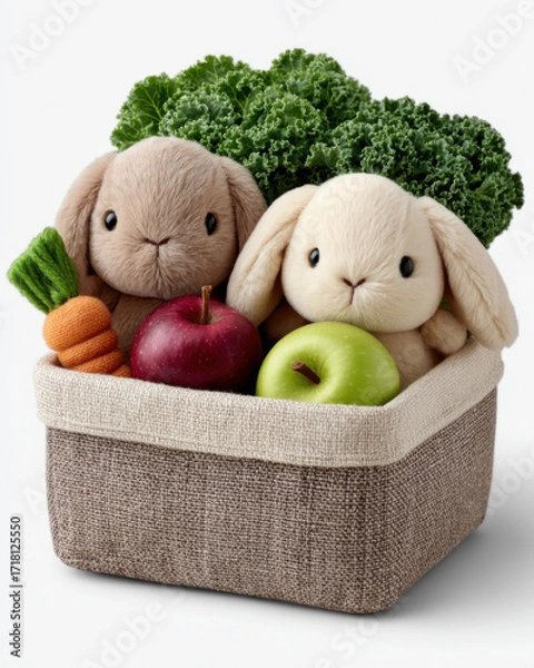 Fototapeta Adorable stuffed bunnies in basket with apples, carrot, and kale, perfect for teaching Kwanzaa for children