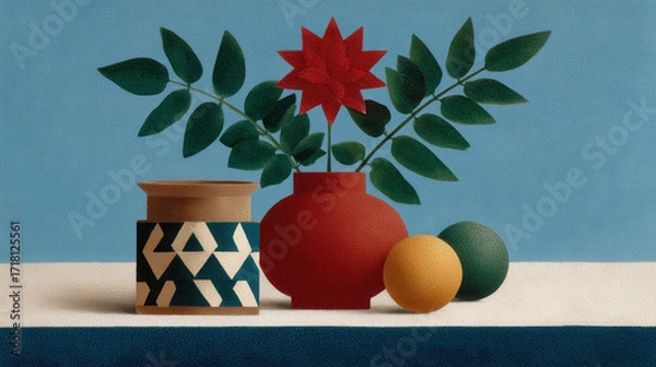 Fototapeta Festive still life featuring red vase with star shaped flower, green leaves, geometric patterned pot, and two round objects
