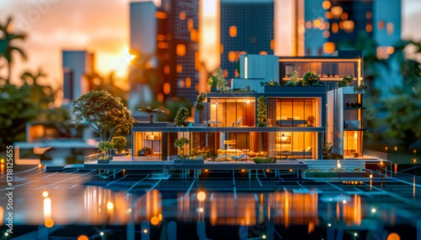 Obraz Modern sustainable house with gardens in futuristic urban environment