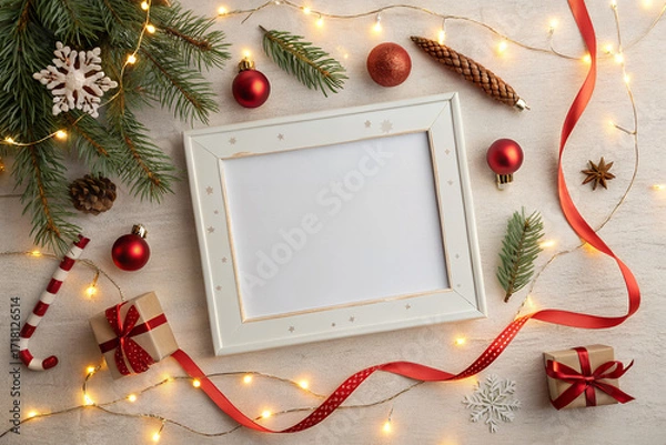 Fototapeta Festive Holiday Photo Frame: A heartwarming composition showcases a blank photo frame adorned with an array of Christmas ornaments, lush fir branches, and soft, ambient lights.