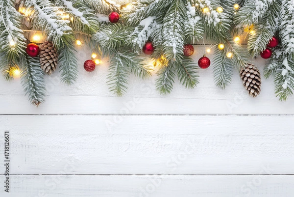 Fototapeta Winter Festive Decor: A snow-dusted evergreen bough, adorned with twinkling fairy lights and vibrant red baubles and pinecone, creates a warm and inviting backdrop, perfect for holiday themes.