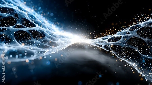 Fototapeta glowing abstract mesh with particles stretches across a dark futuristic background.