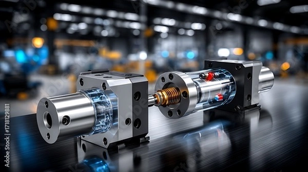 Fototapeta Shiny transparent mechanical cylinders with gears are displayed on a reflective surface in a factory