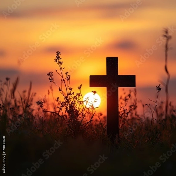 Fototapeta Cross silhouetted against a sunset in a grassy field, symbolizing hope and remembrance in the evening light