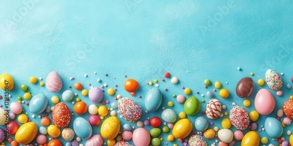Fototapeta Colorful assortment of Easter candies and eggs on blue background ideal for festive celebrations and decorations