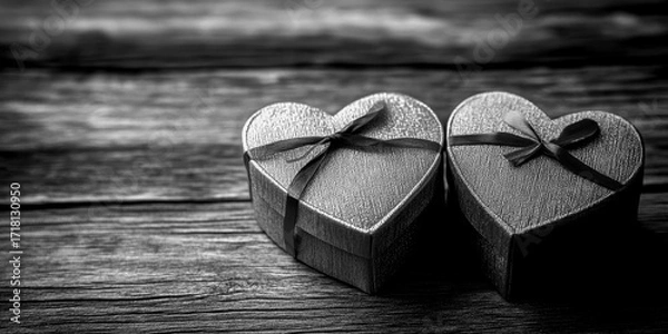 Fototapeta Two heart-shaped gift boxes placed on a wooden table