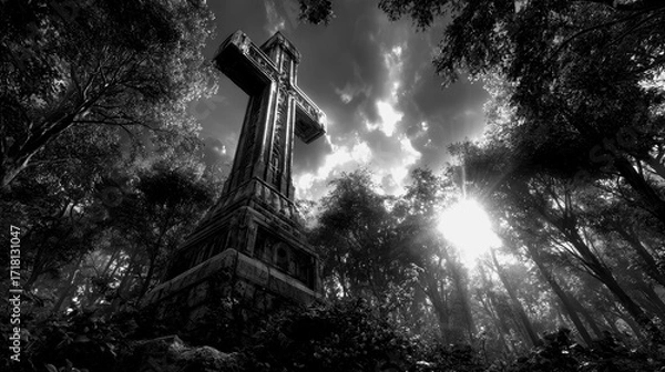Fototapeta Tall cross standing in a dense forest under dramatic clouds