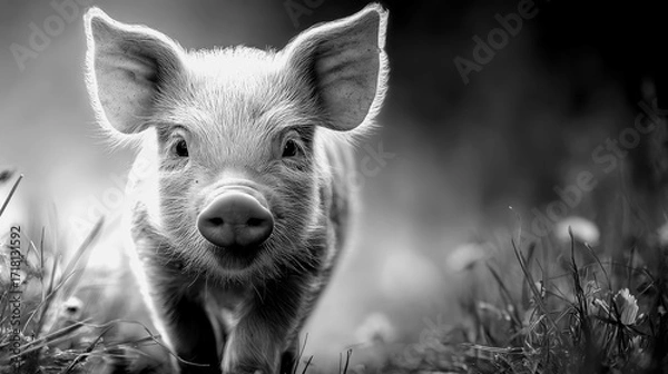Fototapeta Young piglet walking happily through a grassy field