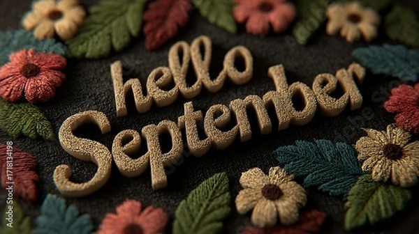 Fototapeta Hello September: 3D Render of Autumnal Typography with Flowers and Leaves